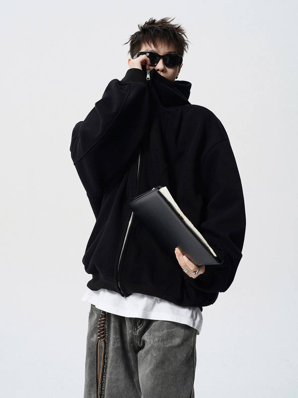 American Deconstruction Hooded Jacket Men's Winter Splicing Sweater High Street Velvet Couple Hoodie