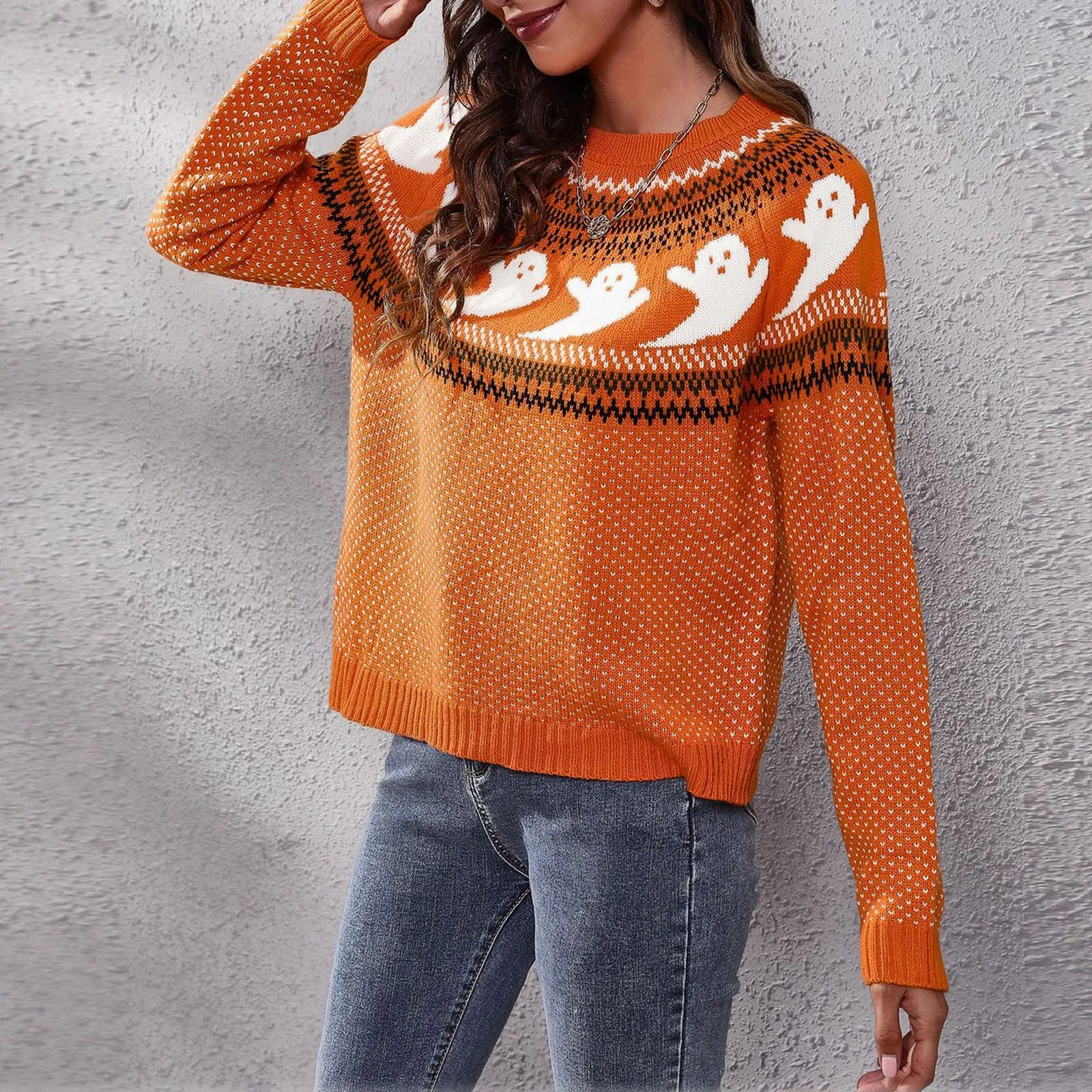 Pull en tricot d'Halloween pour femme, fantôme mignon, rétro, pois, tendance de la mode, col rond, manches longues, chaud, confortable