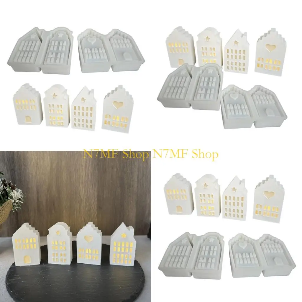 

N7MF Home Decoration Tealight Holder Mold 4 House Lamp Silicone Mold