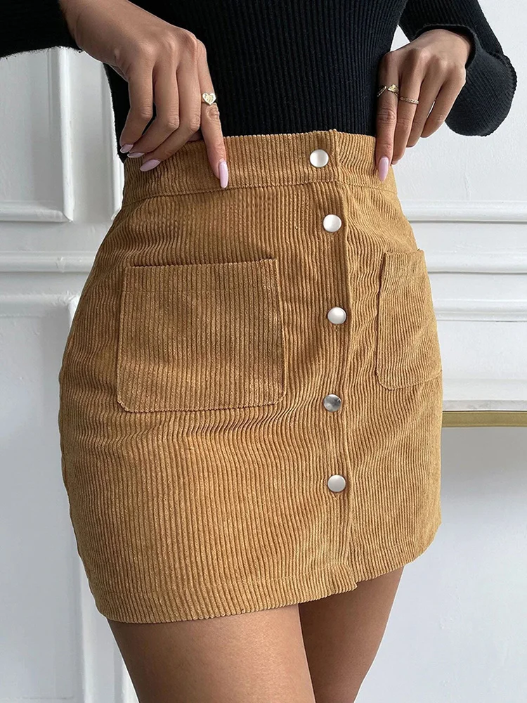 Corduroy Buttocks Short Elegant Autumn Winter Women Skirt Pockets New High Waist Slim Style Hip Wrap Single Breasted