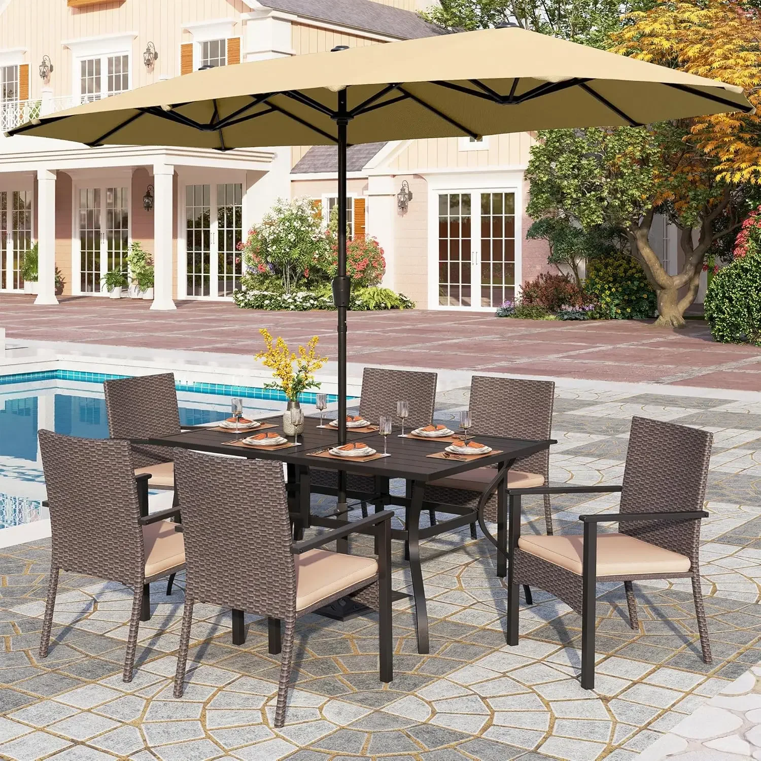 

7 Pieces Patio Dining Set with Umbrella for 6, 60” Large Metal Iron Dining Table & Cushioned Rattan Wicker Chairs