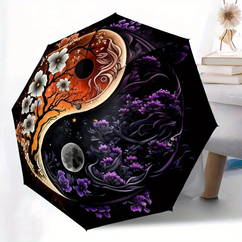 

Складной зонт с цветочным узором «Инь-Ян», 8 спиц, автоматическое открытие/закрытие, ветрозащитный и портативный — яркий фиолетовый и черный F