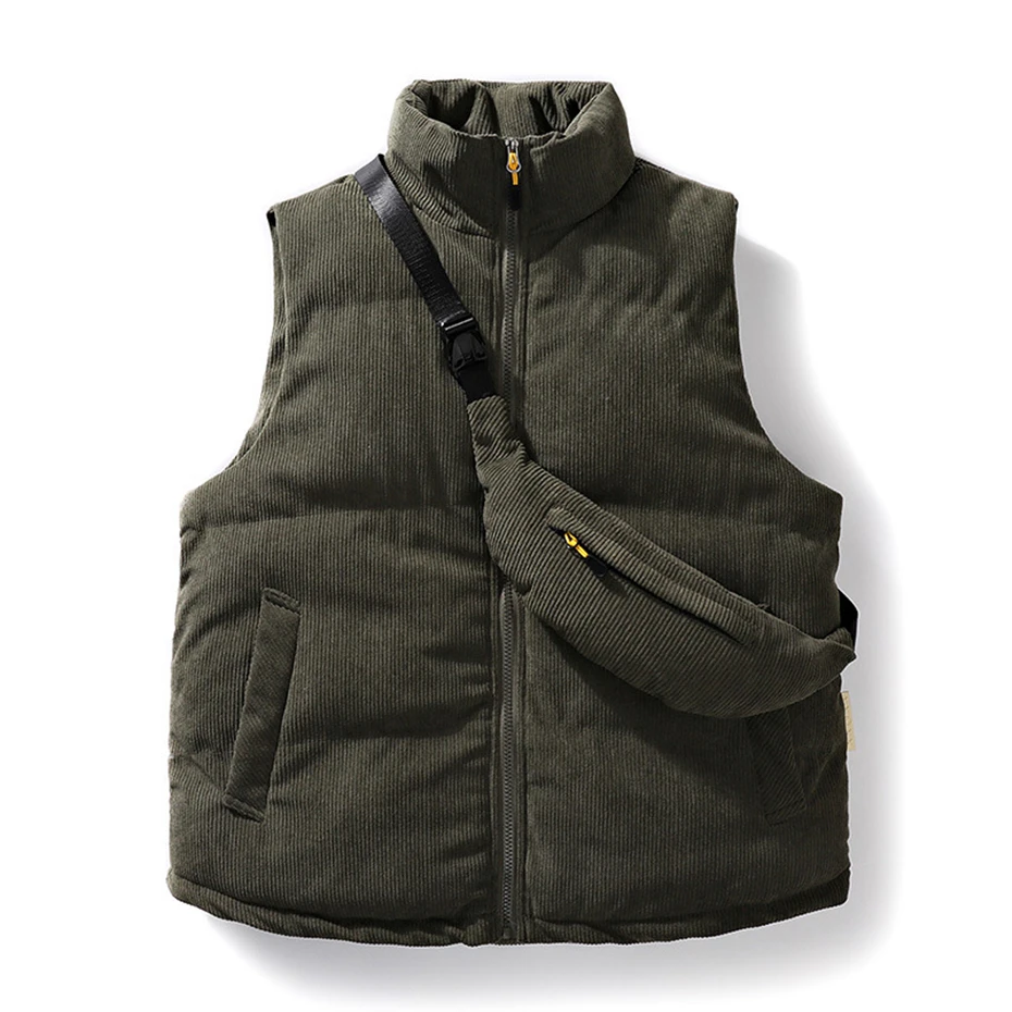 Winter Thick Vests Men Solid Color Sleeveless Jacket Male Winter Corduroy Vests Fashion Casual Vest with Bag