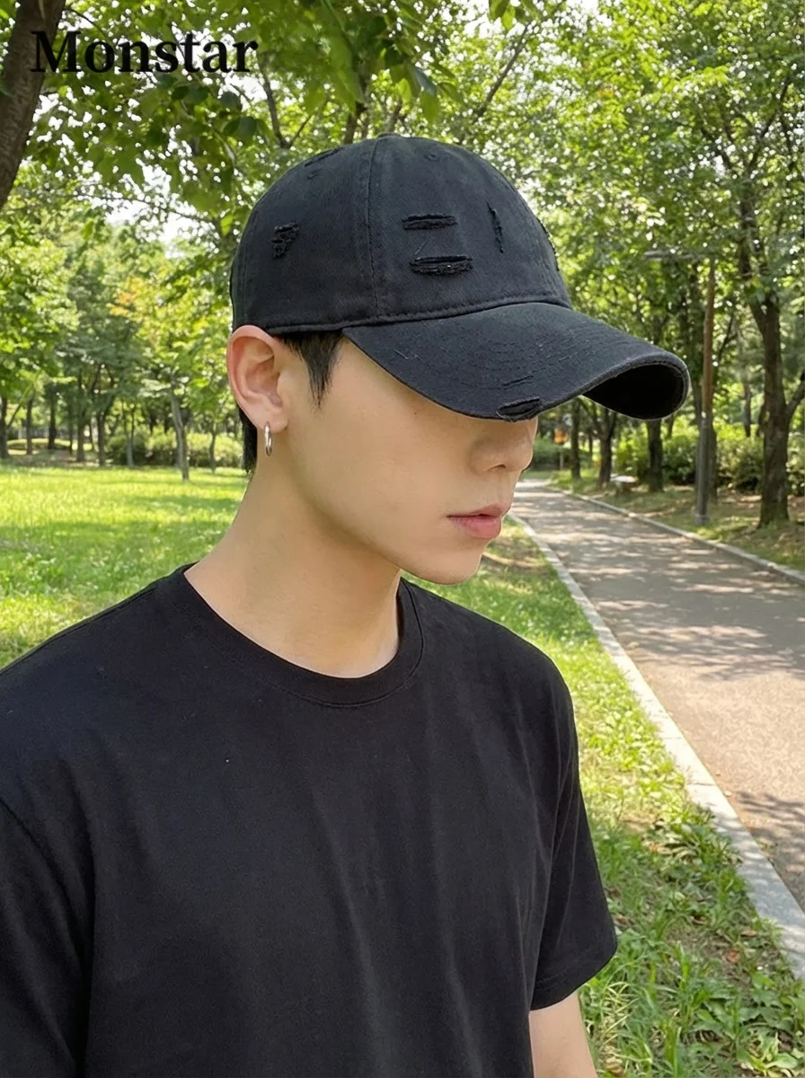 monstar-american-style-baseball-cap-adjustable-large-head-circumference-men's-hole-design-summer-versatile-cotton-hat-for-unisex