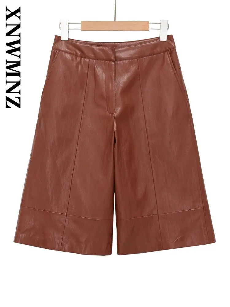 

XNWMNZ 2026 Summer New Woman's Simple Holiday Imitation Leather High Waist Preppy Fashion Woman Vintage Thin Seven Pants Pockets