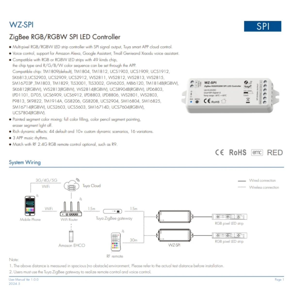 Tuya WiFi/Zigbee + RF SPI kontroler LED WT-SPI/WZ-SPI 1000Pixel dla RGB/RGBW WS2811 2812B SK6812 taśma LED/reflektor SPI DC5-24V