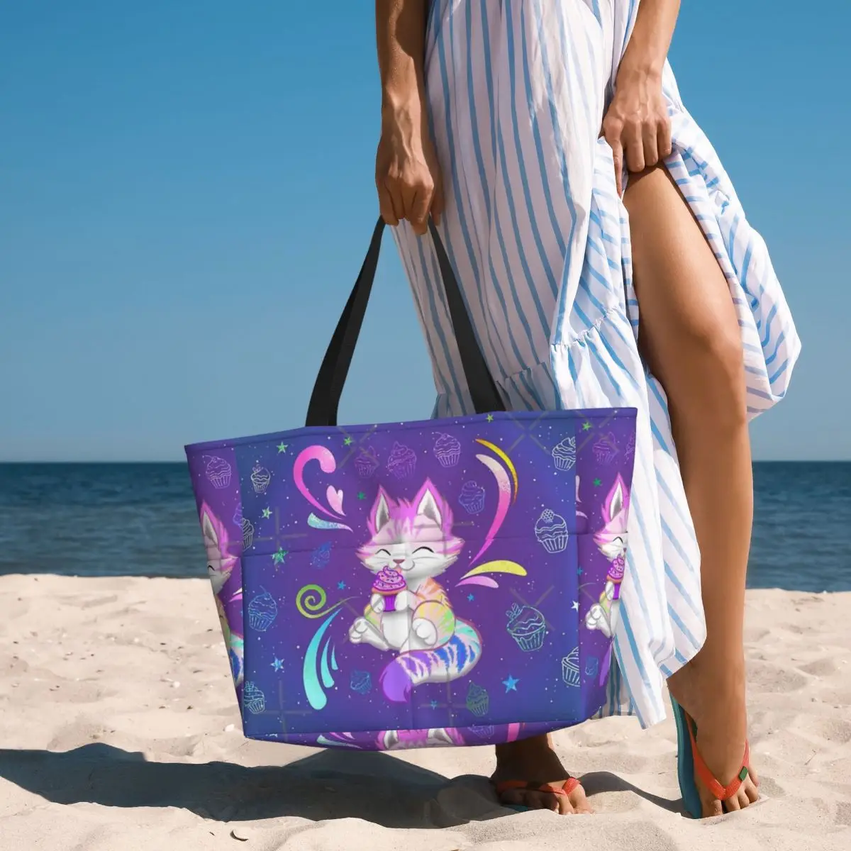 Bolso de viaje de playa de gatito arcoíris con cupcakes, bolso de mano Retro para adultos, bolso de hombro con patrón de múltiples estilos