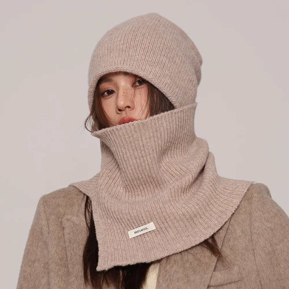 Conjunto de dos piezas de bufanda y gorro de lana 100% pura para mujer, conjunto de bufanda y gorro tejido de estilo coreano de alta gama
