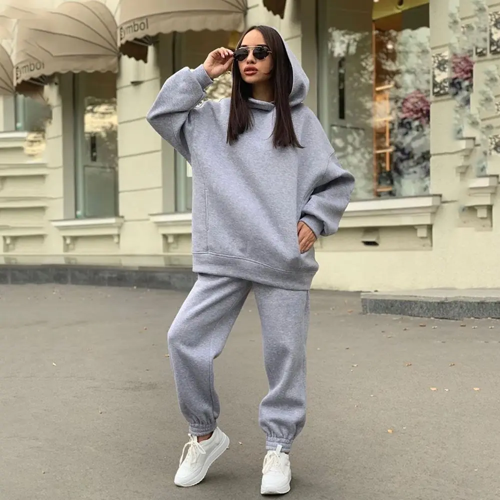 Long Sleeve Jogging Pants Outfits 2Piece Sets Big Hat Hoodie Pants Sweatshirt Thicked Streetwear Velvet Running Sets Girl