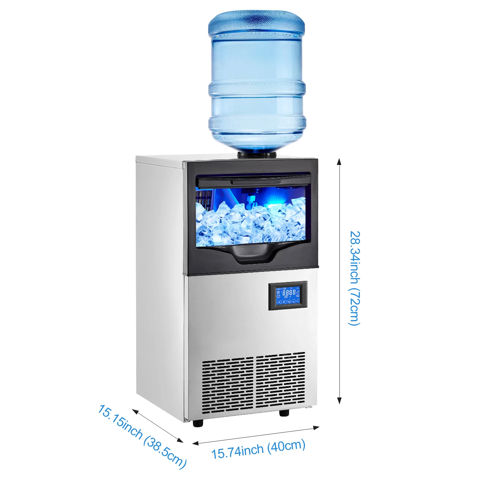 Máquina para hacer hielo comercial, 140 libras/24 horas, contenedor de almacenamiento de 22 libras, agregar agua bidireccional, función de limpieza automática de 0,9 pulgadas de espesor