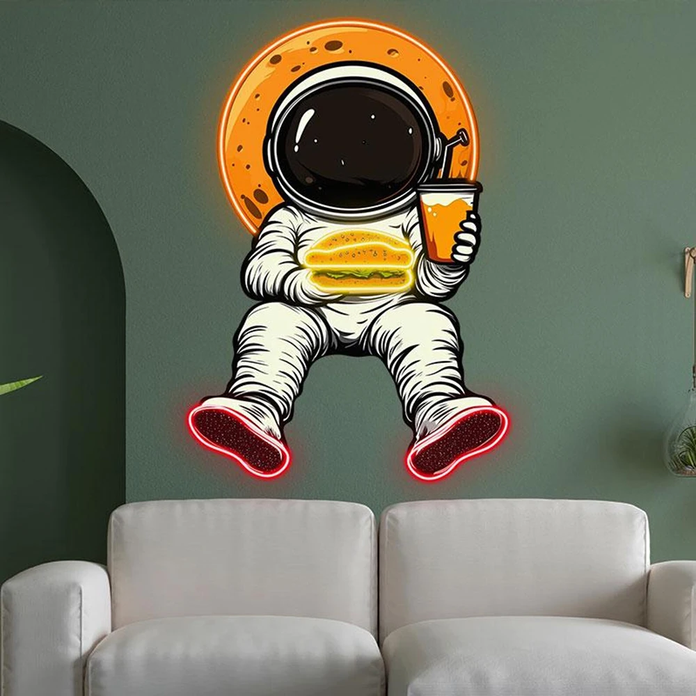 Astronauta Comer Hambúrguer e Beber Suco Neon Sign, Decoração de Parede de Restaurante e Cozinha Personalizada, Luz LED, Decoração de Loja de Alimentos