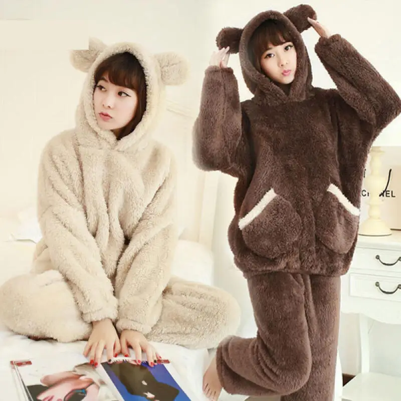 

Winter Plush Pajamas Female Hooded Pullover Solid Color Girls Home Long Sleeves Two Piece Set Thicken Warm Cute Loungewear Suit
