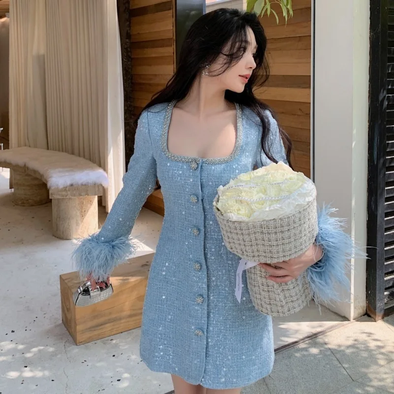 Herbst Winter Vogel Federn Langarm Diamanten Kette Pailletten Tweed Kleid Frauen Elegante Prom Abend Kurze Kleider Partyinyaд