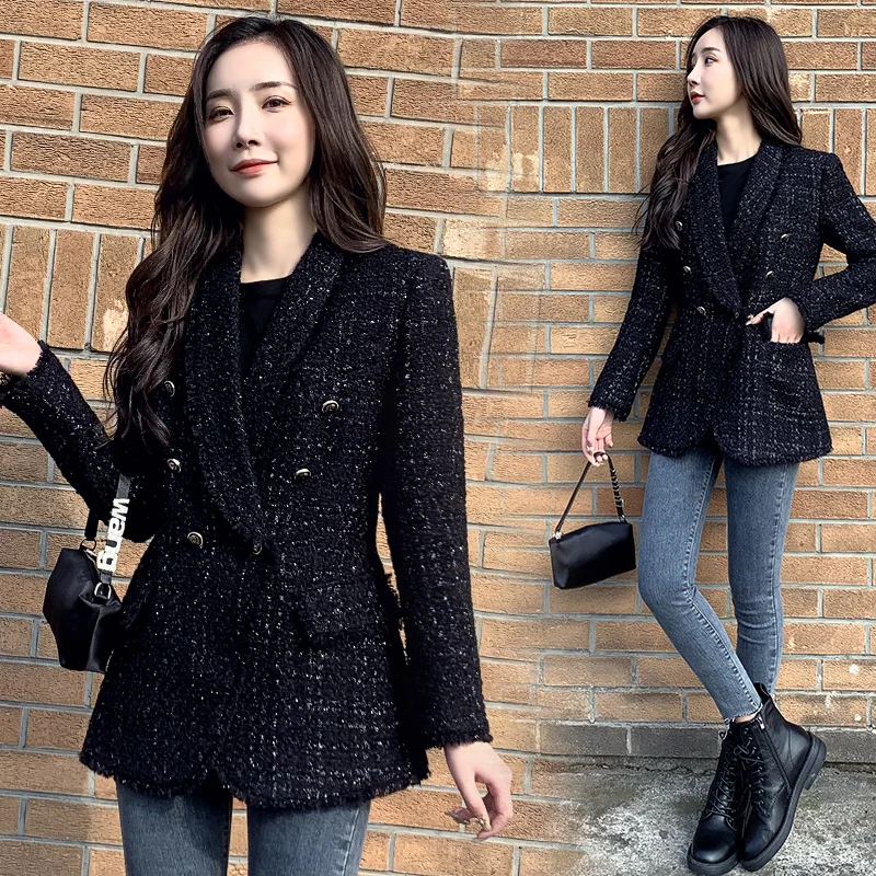 Women\'s suit jacket spring and autumn 2022 new British style black waist slim high-quality wool suit