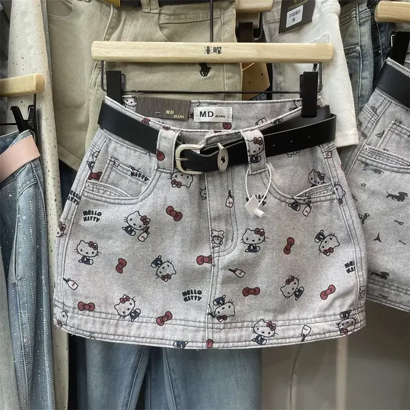 2026 Anime Hello Kitty Bow Printed Denim Skirt for Women Spring Summer New Hip Wrapping Fashion Mini Skirt Kawaii Cute Gift Ins