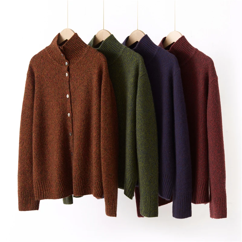 

High Turn-Down Collar Button Cardigan Women's 100% Cashmere Trendy Minimalist Sweater Autumn Winter Versatile Warm Knitwear Top