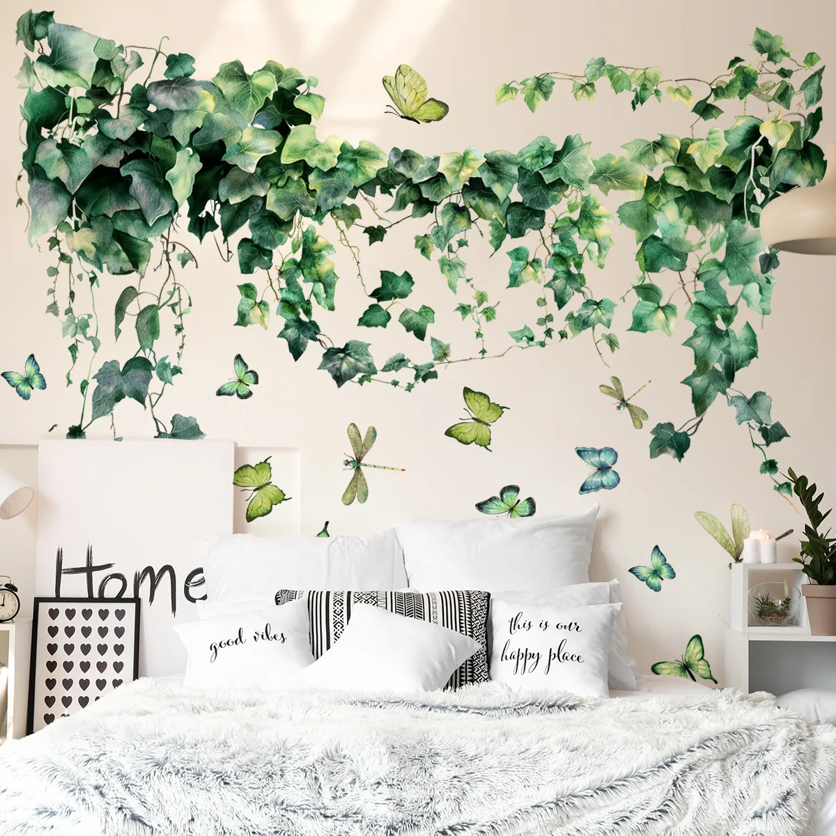 Green Plant Vine Wall Sticker Butterfly Wall Decals Green Leaf Living Room Home Decor Wall Murals Bedroom Kids Room Wallpaper