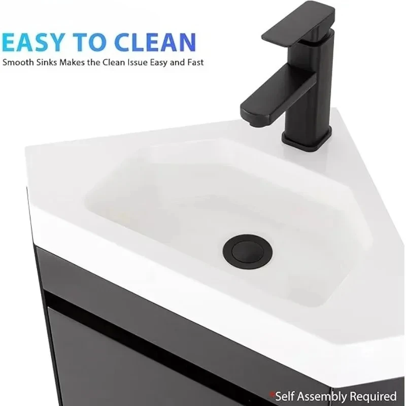 

Настенный плавающий угловой туалетный столик для ванной комнаты с раковиной из белой смолы, матовый черный смеситель для небольшого пространства