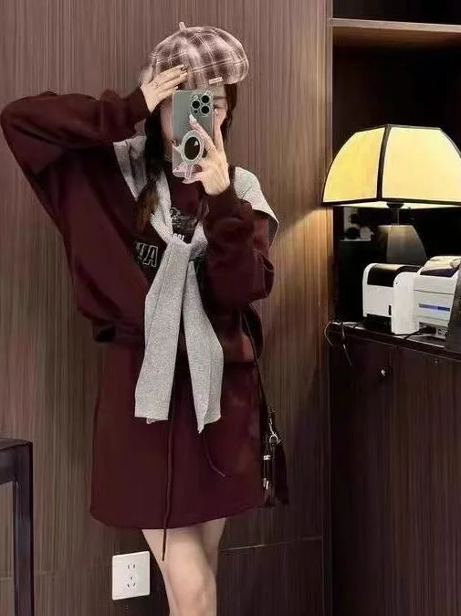 

plus Size Autumn Winter Hoodie And A-Line Skirt Set Women's round Ne Sweatirt High Waist Casual Faion Outfit