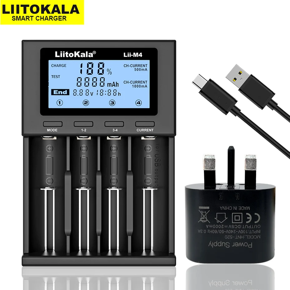 LiitoKala Lii-M4 18650 Charger LCD Display Universal Smart Charger Test Capacity 26650 18650 21700 AA AAA Battery 4slot 5V 2A