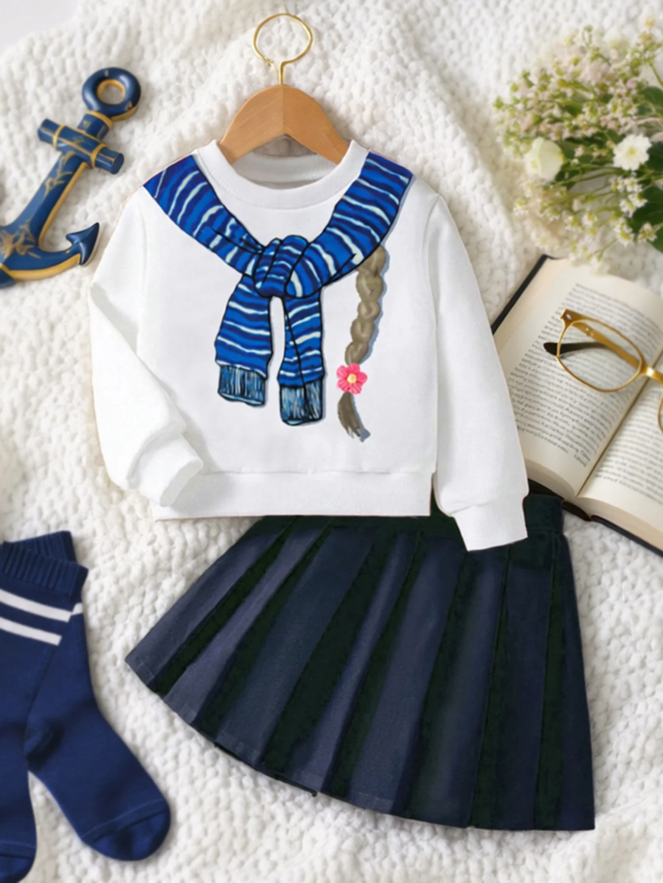 False Shawl Braid Design 2pcs Girls Clothing Set With Long Sleeve Sweatshirt + Pleated Skirt Spring Autumn Fashion Kids Outfit