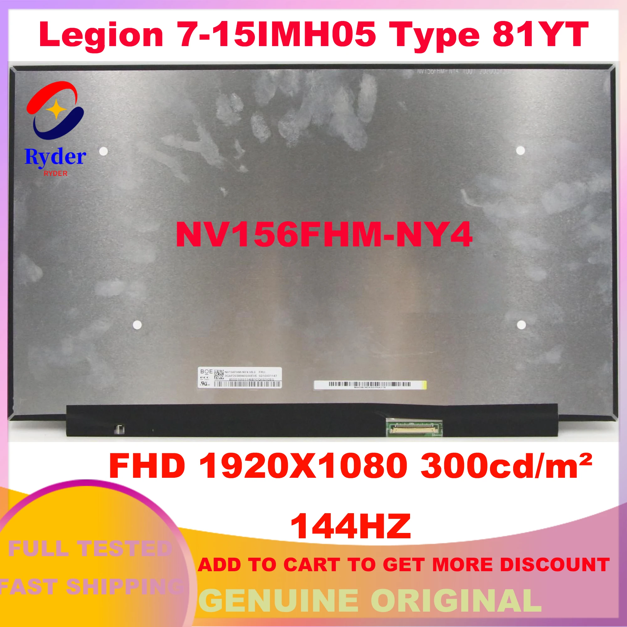 

15.6" 144Hz Laptop Replacement Display Panel NV156FHM-NY4 LP156WFG-SPP1 For Lenovo Legion 7-15IMH05 81YT S7-15IMH5 40PINS eDP