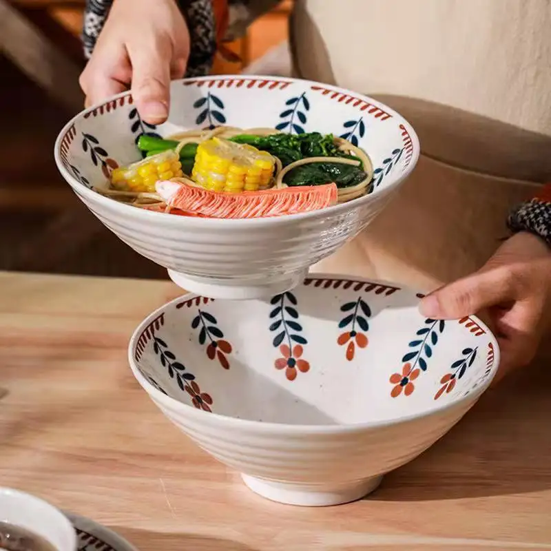 Two 8-Inch Instant Noodles Noodles with Soy Sauce Ramen Bowl Japanese Ceramic Noodle Bowl Retro Large Salad Bowl Soup Bowl