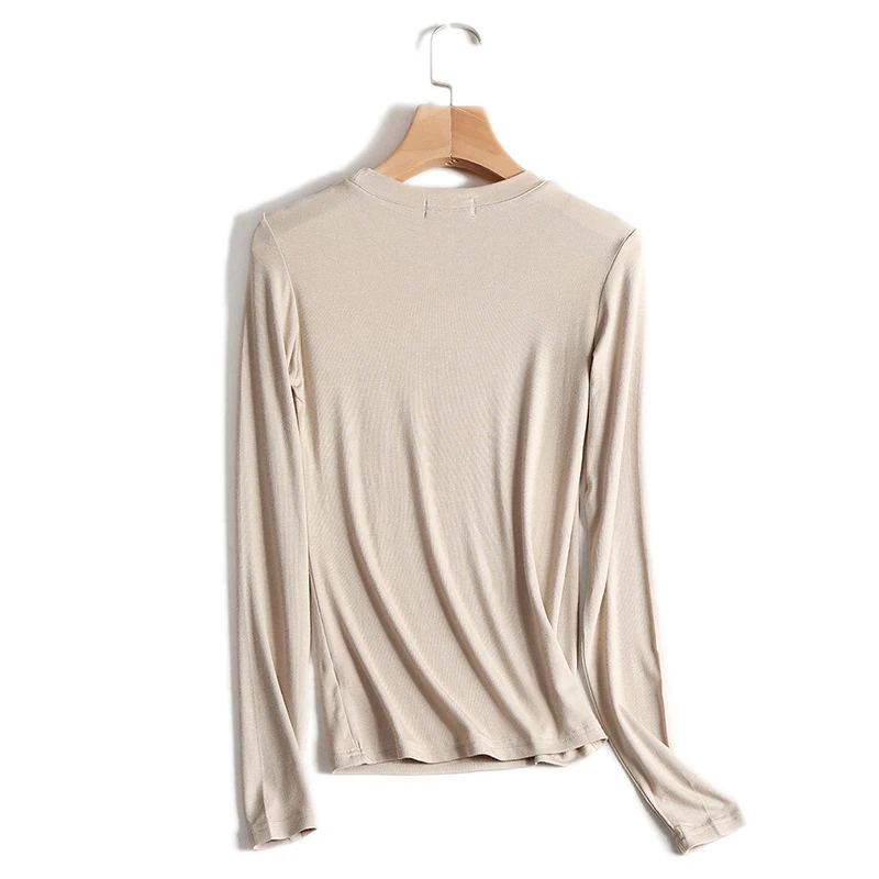 Bawełniana koszulka damska wysokiej jakości elastyczny, w stylu Basic solidna koszulki z długim rękawem damska koszulka na co dzień koreańska cienka O dekolt