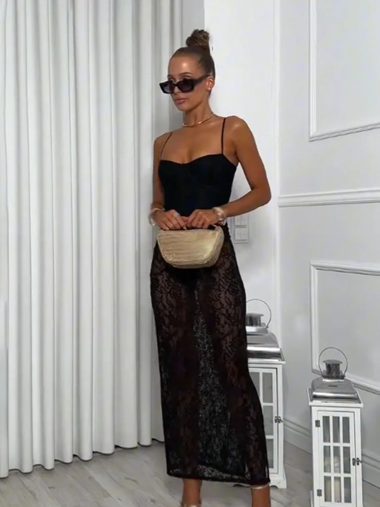 HH Woman New Fashion Translucent Lace Hollow Hem Slit Design Sexy Midi Dress Women's Summer Slim Suspender Party Dress