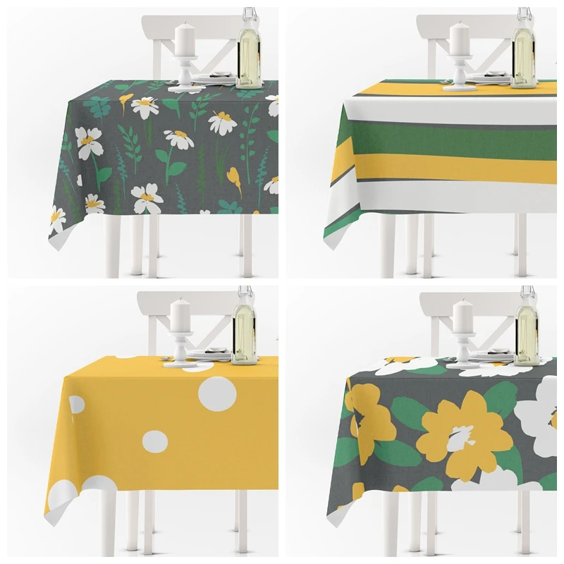 Waterproof Tablecloth Flower Flora Plant Yellow Green Black  Anti-stain Dining Tables Cover for Home Kitchen Wedding Decoration