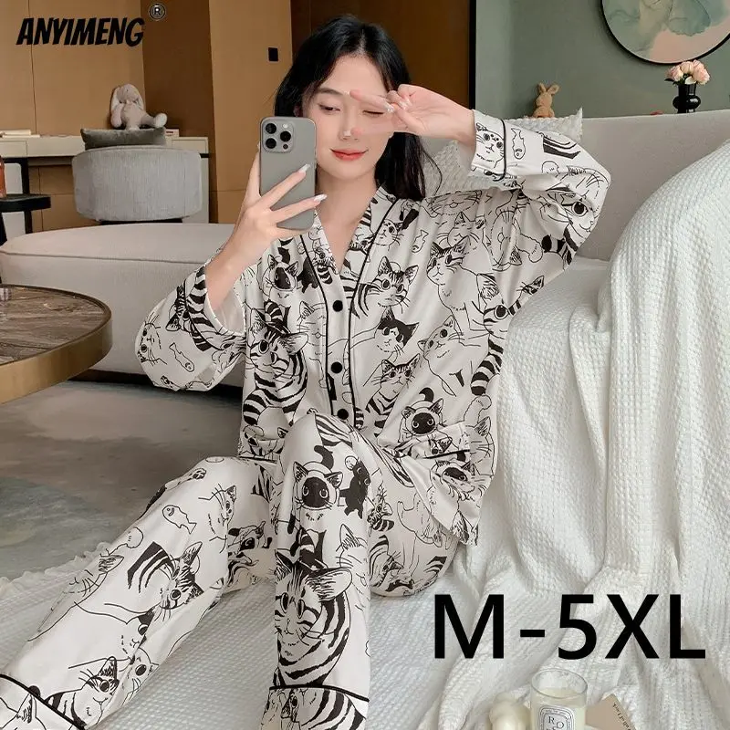 Cute Cats M-5XL Kimono Autumn Winter Woman Pajamas Set Sleepwear Lady Home Clothes Soft Faux Cotton Nightwear Casual Pijamas