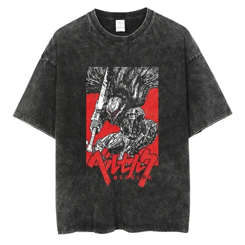 

Футболка с принтом Berserk, мужская винтажная стираная футболка с рисунком аниме Guts, уличная футболка в стиле хип-хоп, летняя повседневная одежда Berserk