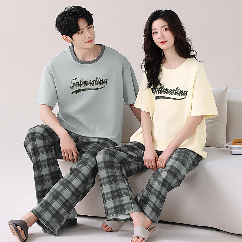High Quality Summer Couple Pajama Set 100% Cotton Men and Women Short Sleeve Pyjamas