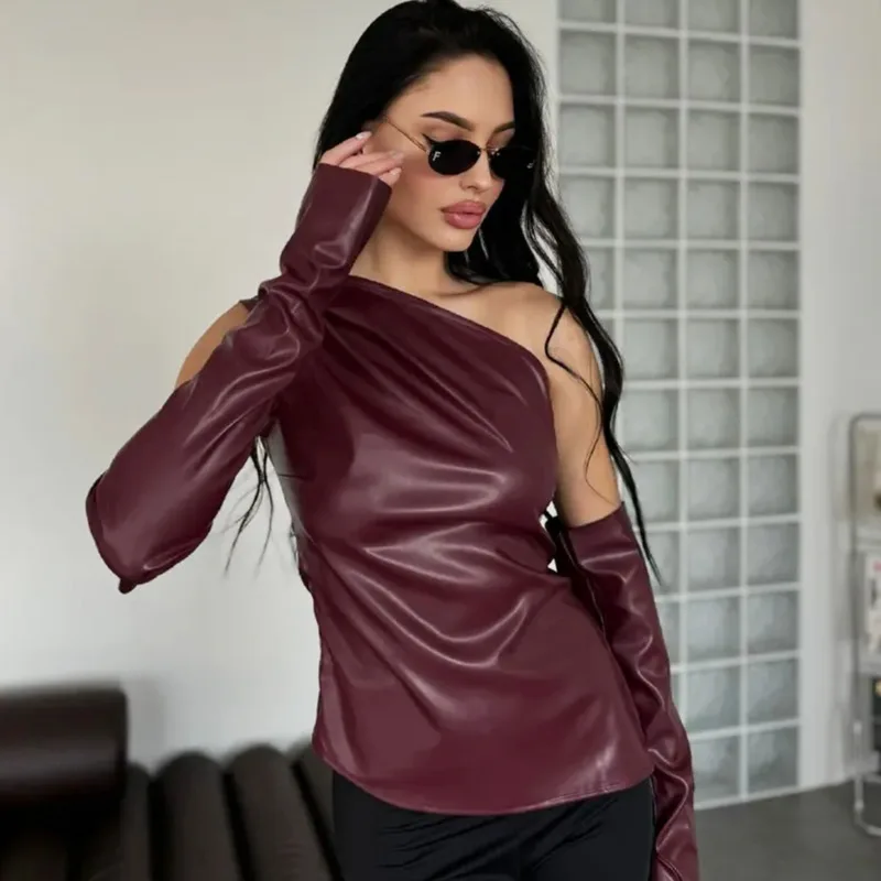 Sexy One Shoulder PU Leather Vest With Gloves Women Vest Solid Color Sleeveless Irregular Camisole Street Y2k T Shirt Clubwear