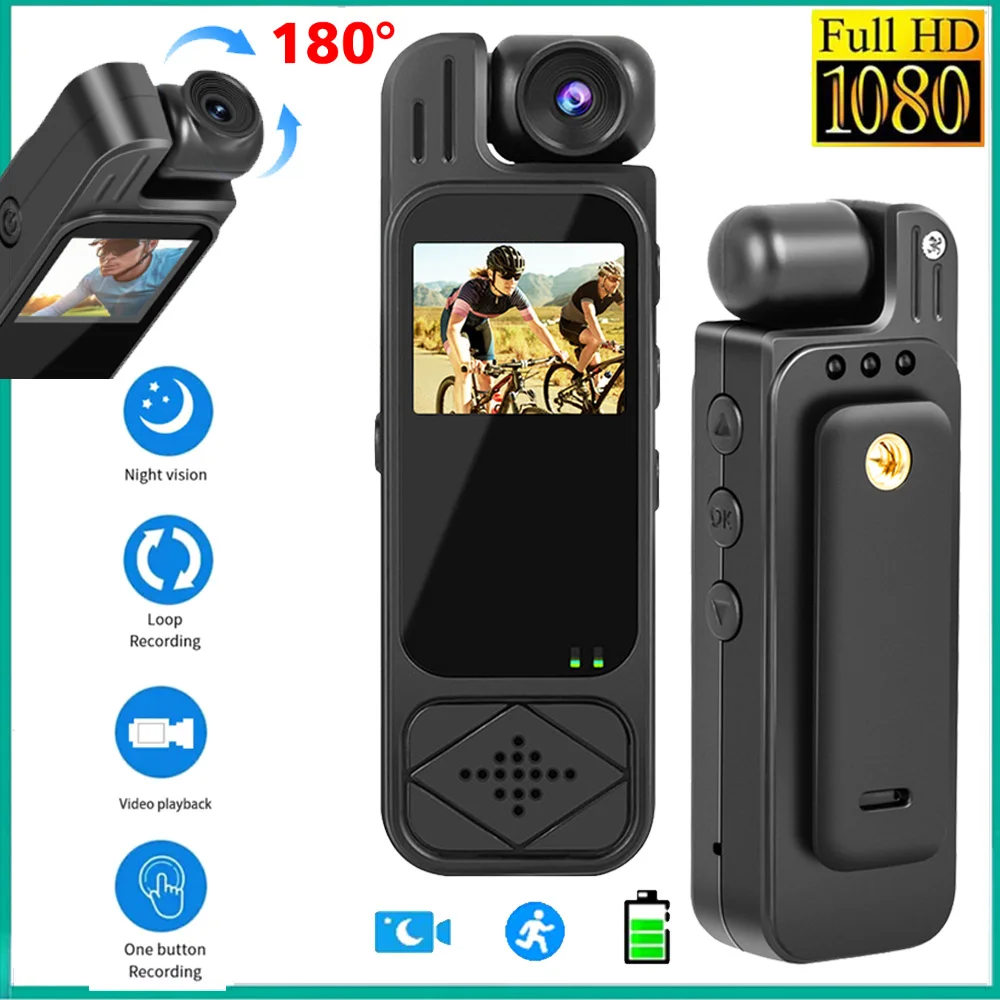 1080P HD Mini Body Camera 180 Rotatable Night Vision Digital Video Recorder Bodycam Sports Camera 1.3inch Law enforcement Camera