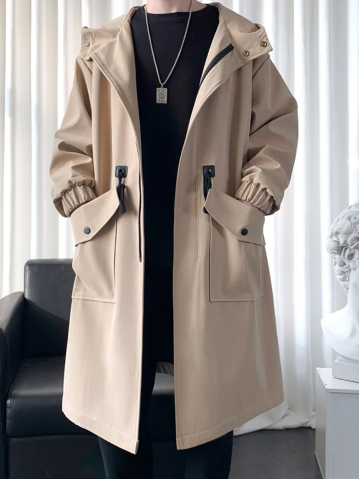 

Мужская повседневная ветровка цвета хаки средней длины с капюшоном, весенне-осенняя куртка Cthulhu, молодежная модная водонепроницаемая куртка из полиэстера