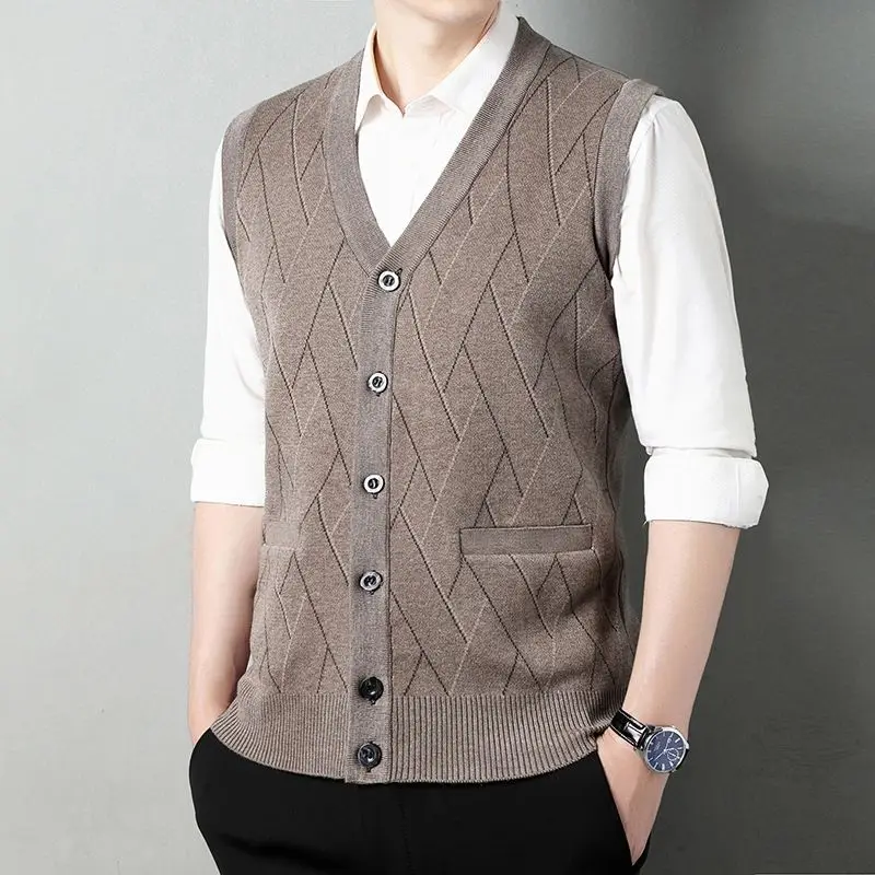 

Men's Thickened V Neck Knit Cardigan Vest Casual Sleeveless Open Front Sweater for Dad Warm Autumn Winter Layering Top