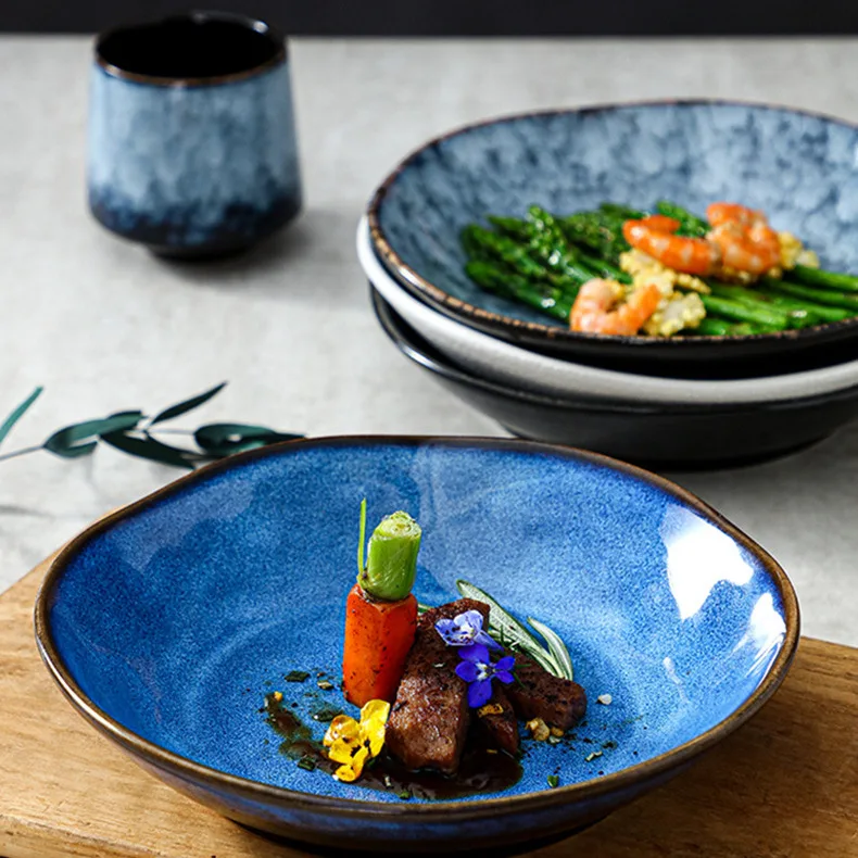 kiln-changed glaze stone pattern deep plate household high-value dining plate vegetable plate retro hotel restaurant tableware