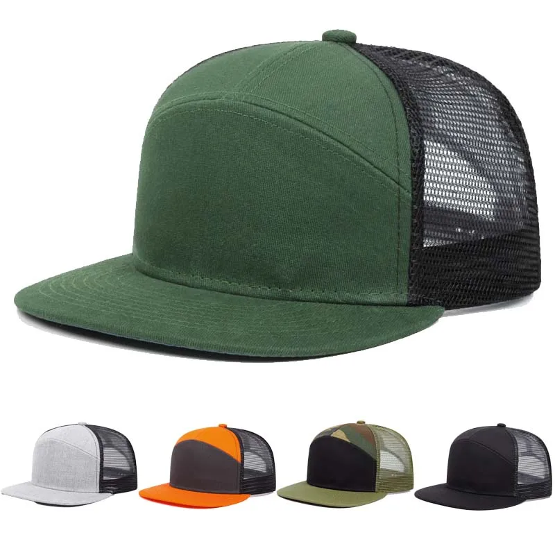 Hot Sale Unisex 7 Panel Flat Brim Baseball Cap Spliced Light Plate Mesh Hat Truck Outdoor Gorras Adjustable Snapback Hip Hop hat