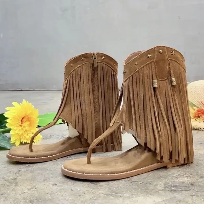 2024 Summer Retro Style Bohemian West Khaki Cowboy Boots Open Toe Fringe Design Ankle Boots Casual Fashion Women\'s Knight Boots