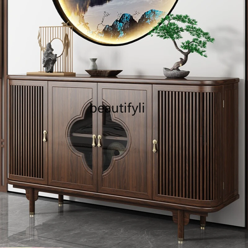 

New Chinese-style dining side cabinet, ebony wood locker integrated against the wall, living room solid wood porch cabinet