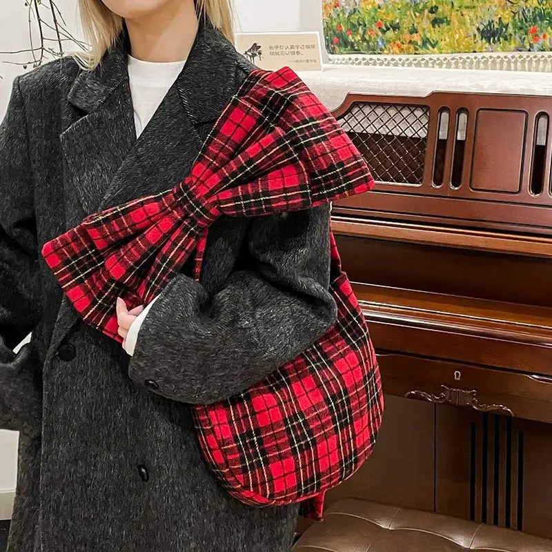 

Sweet Cute Big Bow Crossbody Bag Women Red Plaid Large Capacity Shoulder Bags Ladies Harajuku Exquisite Versatile Daily Tote Bag