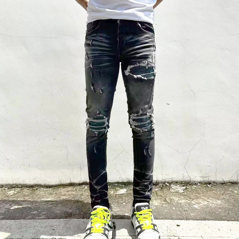 

High street fashion new men's jeans stretch slim retro black ripped green patch patchwork jeans designer hip-hop brand pants hom