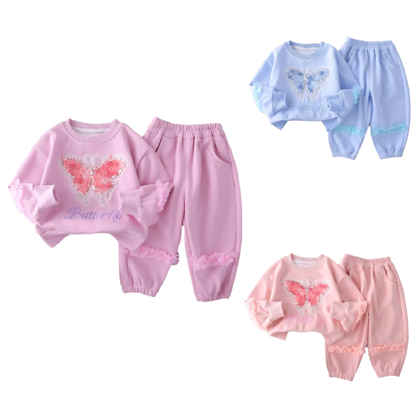 

Kids Toddler Girls Spring Fall Clothes Casual Sweet Ruffles Long Sleeve Butterfly Flower Pullover Sweatshirt with Pants Outfits