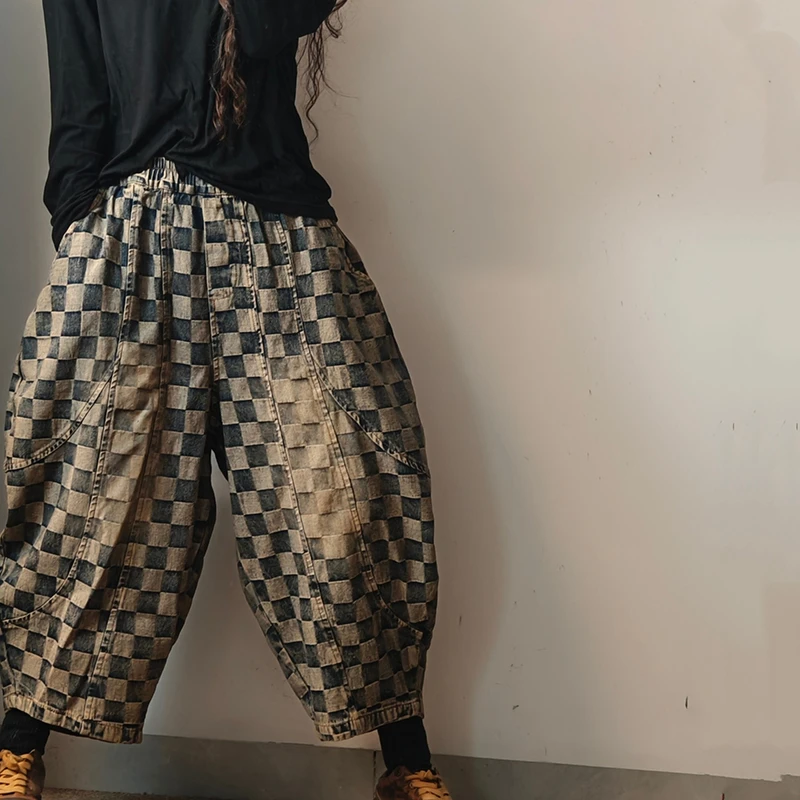 

2026 New Arrival Spring & Autumn Cotton Denim Plaid Ankle-length Pants Elastic Waist Loose Harem Pants Women's Jeans Pants Y79