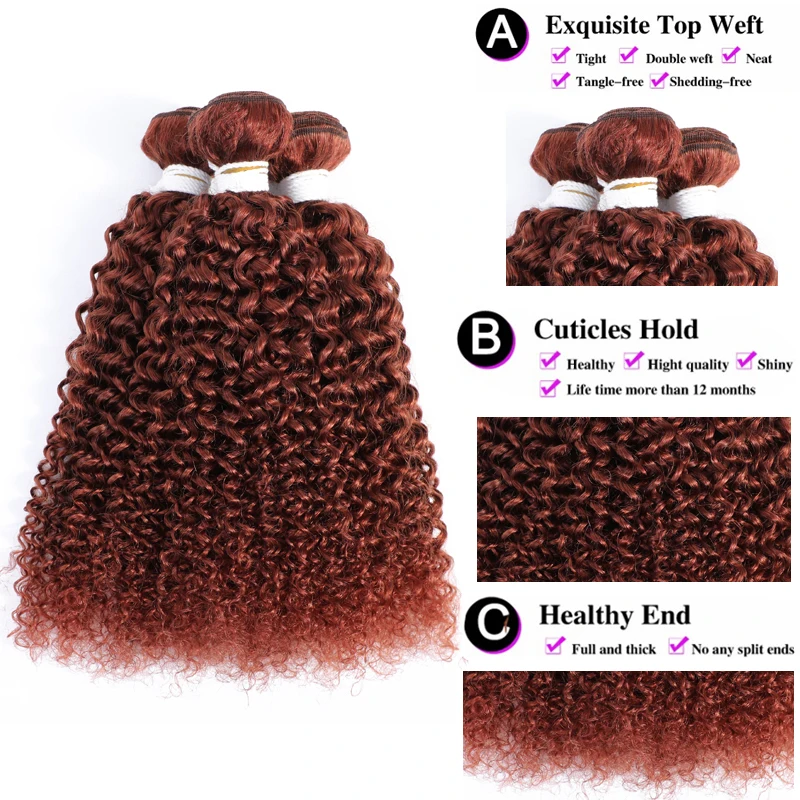 Kinky Curly Human Hair Bundles With Closure Auburn Brown 100% Human Hair Weave Bundles With Closure Brazilian Remy Hair Weft