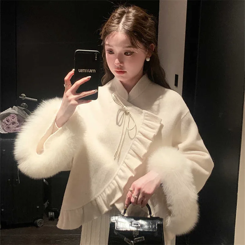 2024 autumn and winter new woolen fox fur new Chinese style overseas gold double-sided cashmere coat Chinese style women's coat