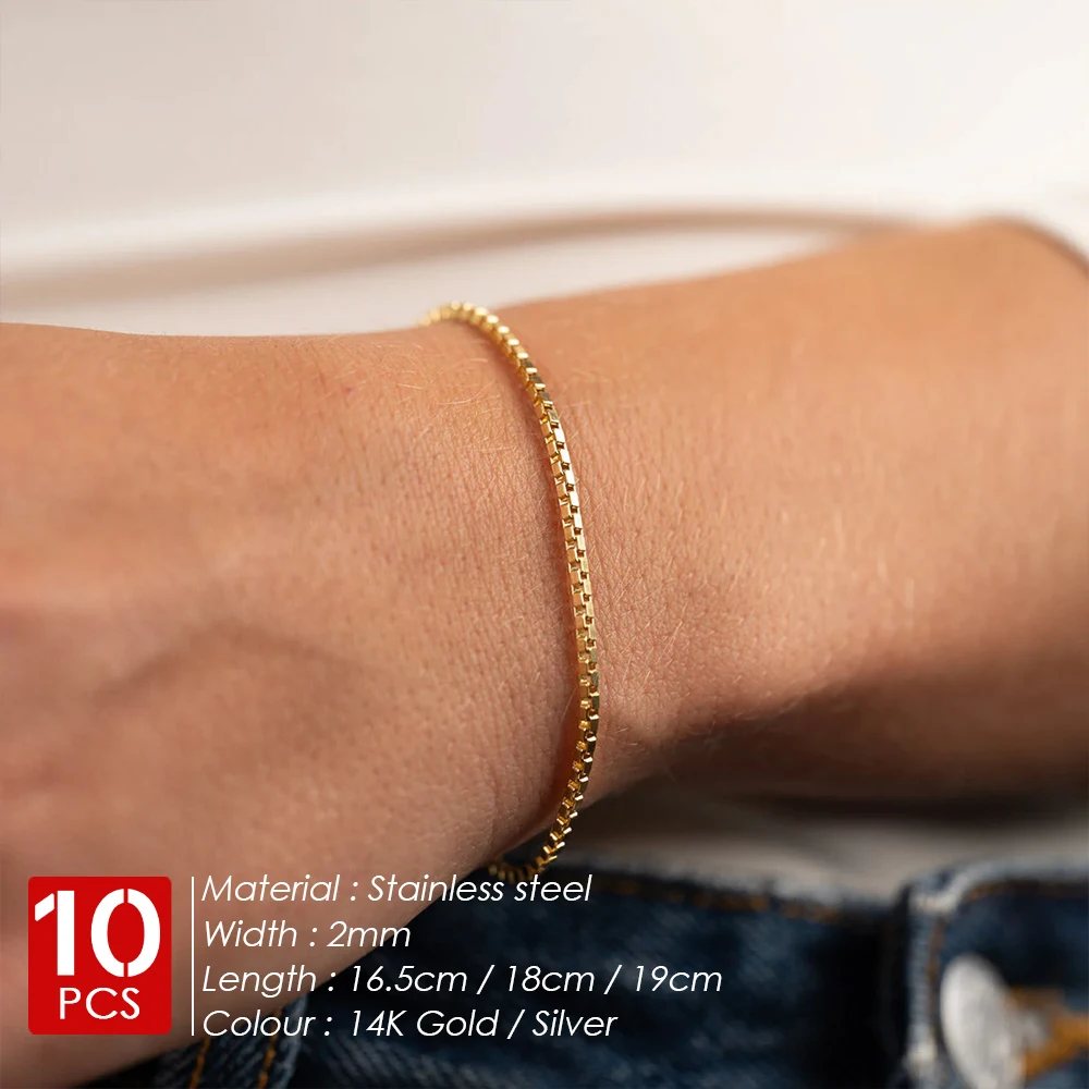 eManco10PCS Gold Color Bracelets Charm Friendship Bracelets for Women Jewelry Gift Wholesale  Stainless Steel Box Chain Bracelet