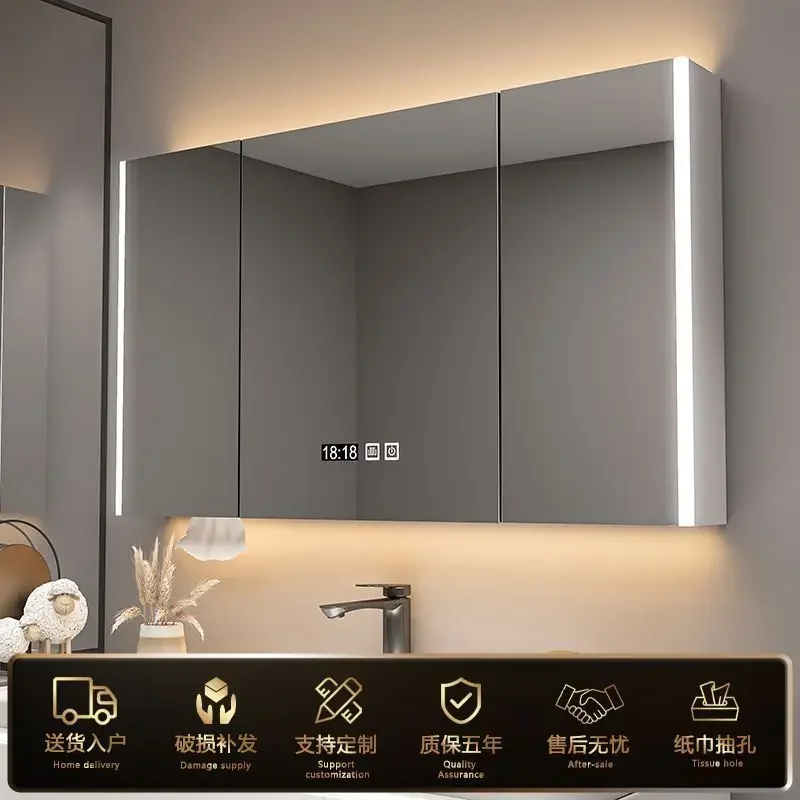 Solid Wood Bathroom Smart Mirror Cabinet Separately Wall-mounted Bathroom Mirror with Lamp Defogging Integrated with Storage