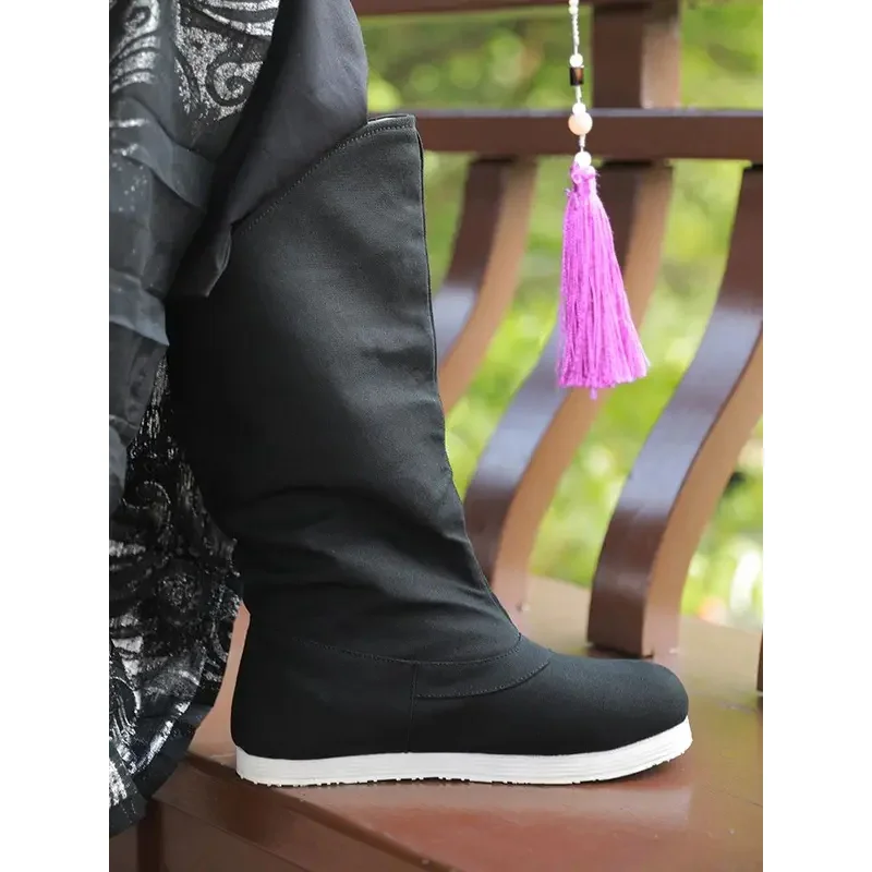 Botas de espadachim guerreiro da dinastia ming chinesa preta para adultos wushu kung fu sapatos dedo do pé redondo vintage filme jogar acessórios hanfu